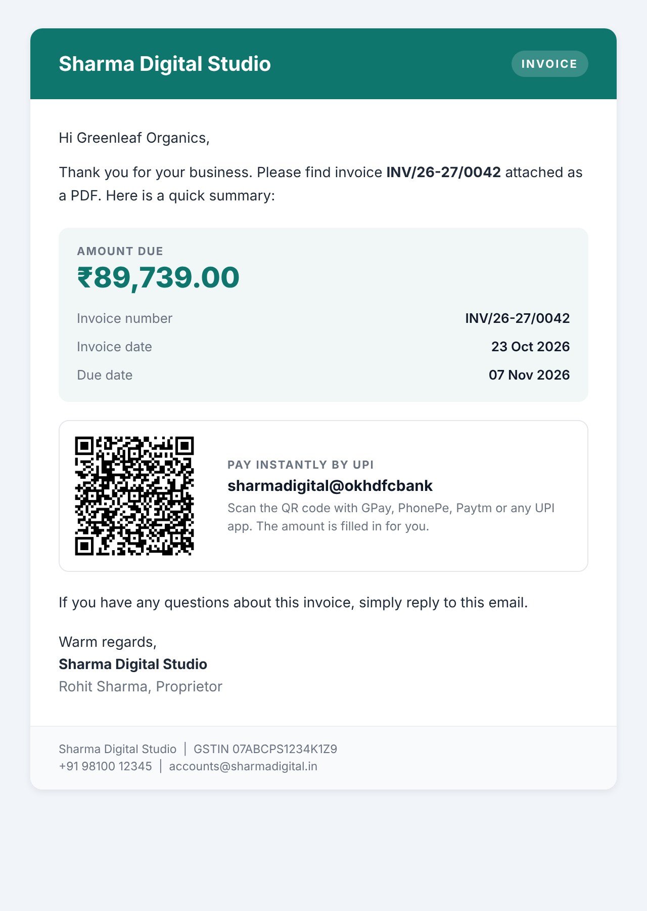 A branded invoice email with a UPI QR code