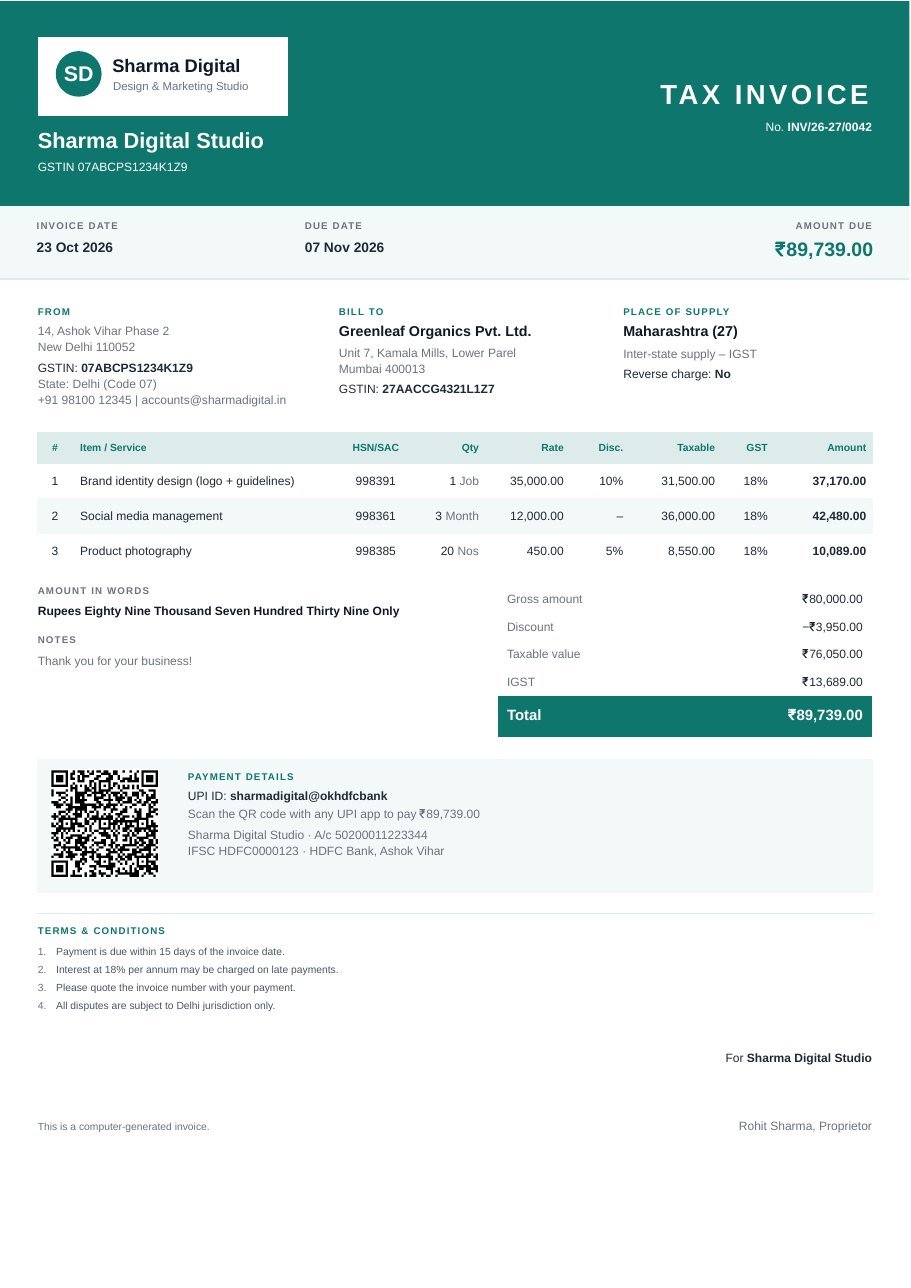 A tax invoice made with Lekhivo, with GST, UPI QR code and terms
