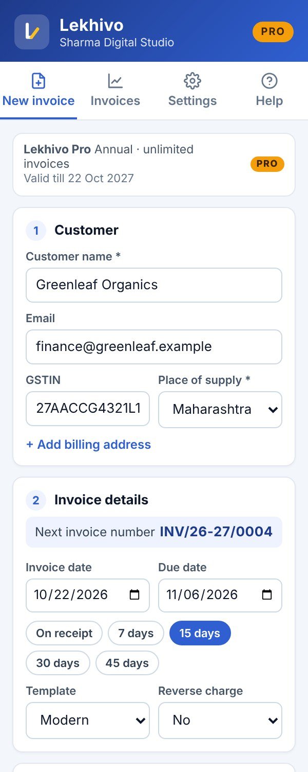 The Lekhivo sidebar in Google Sheets with the new invoice form